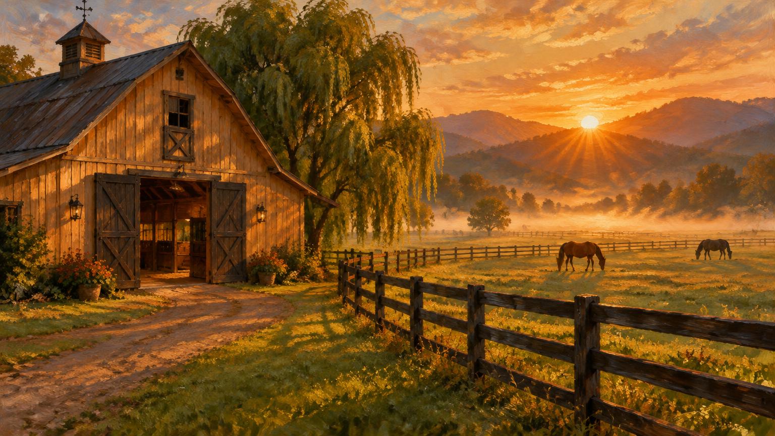 Sunrise at the stud: a tan barn with dark open doors beside a weeping willow, a post-and-rail fence running along the pasture, and the sun bursting between misty ridges.